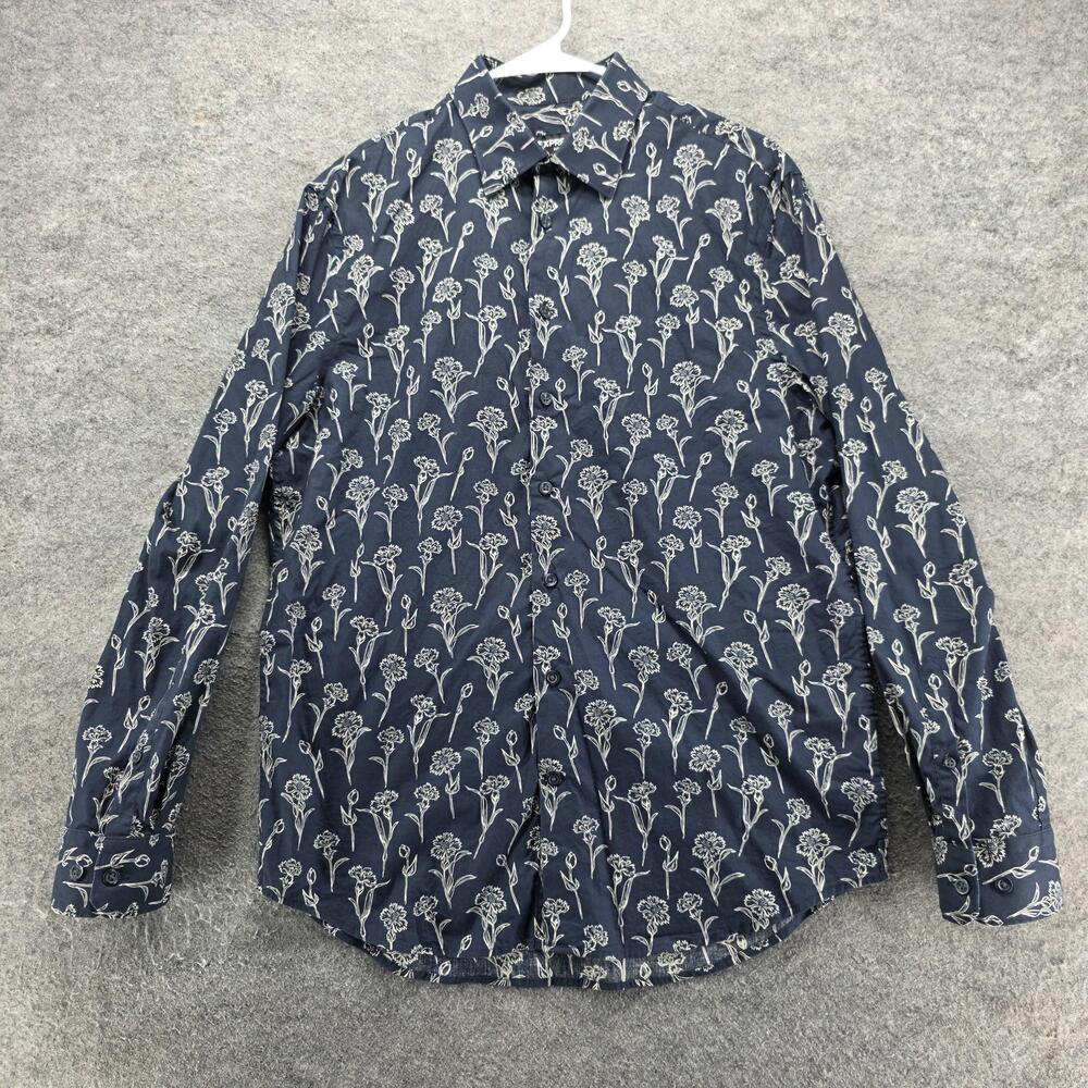 Express Shirt Mens M Blue Floral Long Sleeve Button Up Slim Fit Cotton Spandex